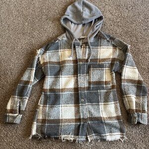 New In Womens Small but can fit Medium Gray Brown White Plaid Jacket W/ Hood EUC